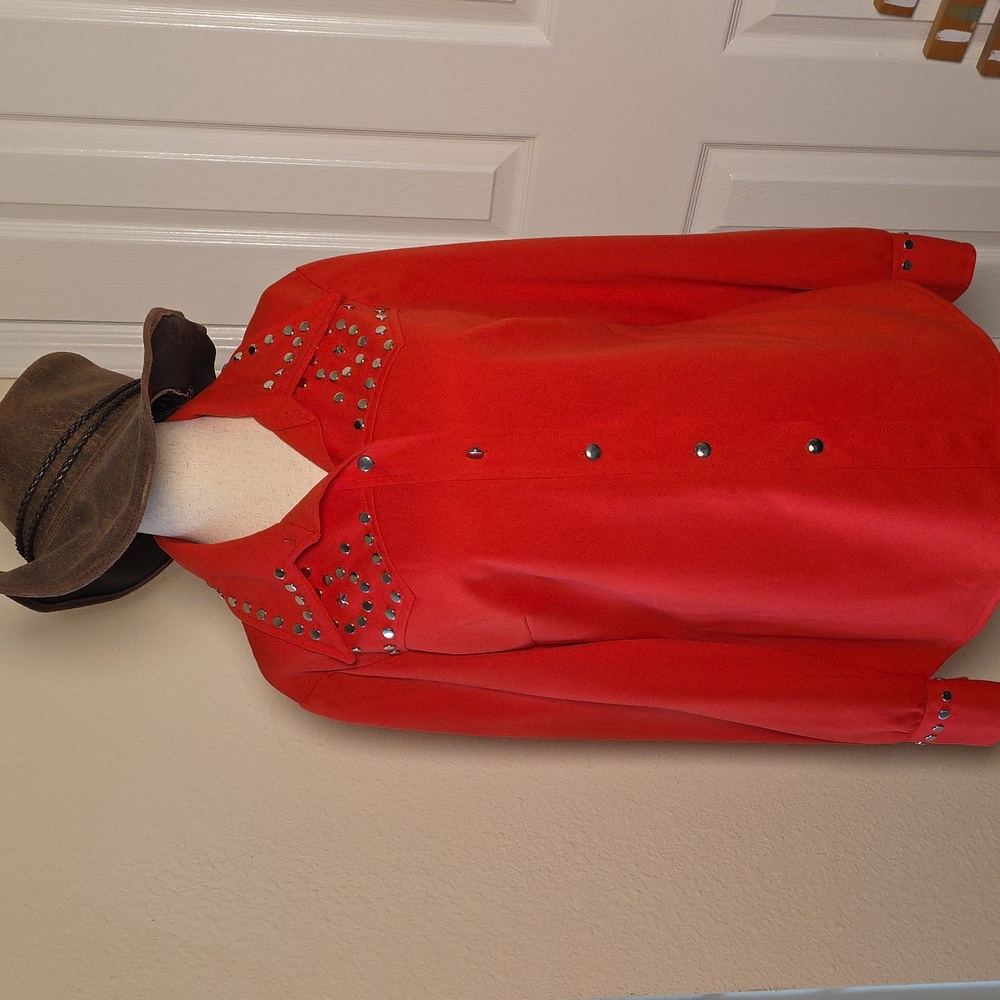 Vintage 70s Orange/Reddish Western Dagger Collar Shirt with Studded Details